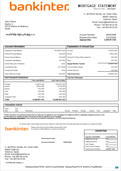 Download Spain Bankinter bank mortgage statement in Word and PDF formats Photoshop template